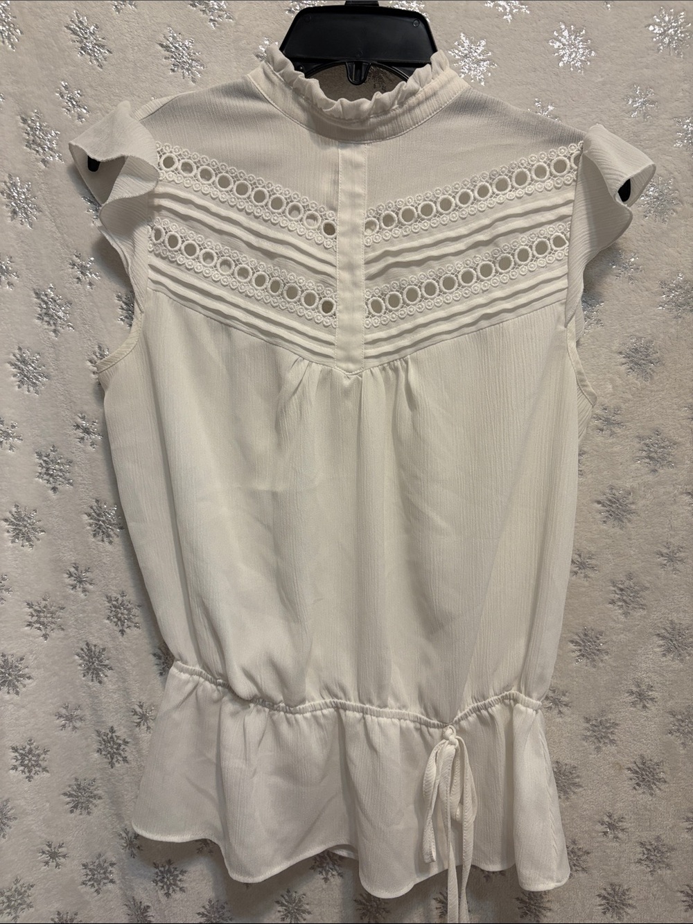 New York & Company White Ruffled Lace Yoke Peplum Blouse